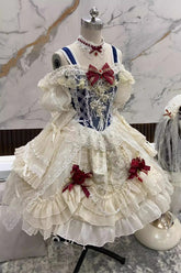 ブルー/アイボリーの白雪姫オフショルダーフリルカーディガン 蝶結びレース 甘くてゴージャスなロリータドレス